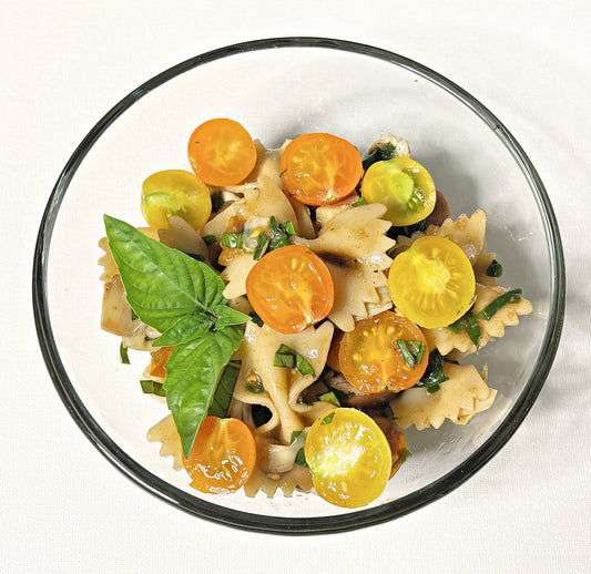 Tomato, Olive, Artichoke Heart Pasta Salad with Basil & Balsamic