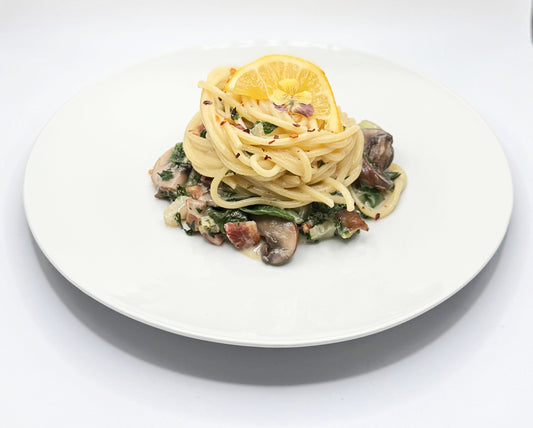 Swiss Chard, Mushroom, Bacon, Lemon Pasta