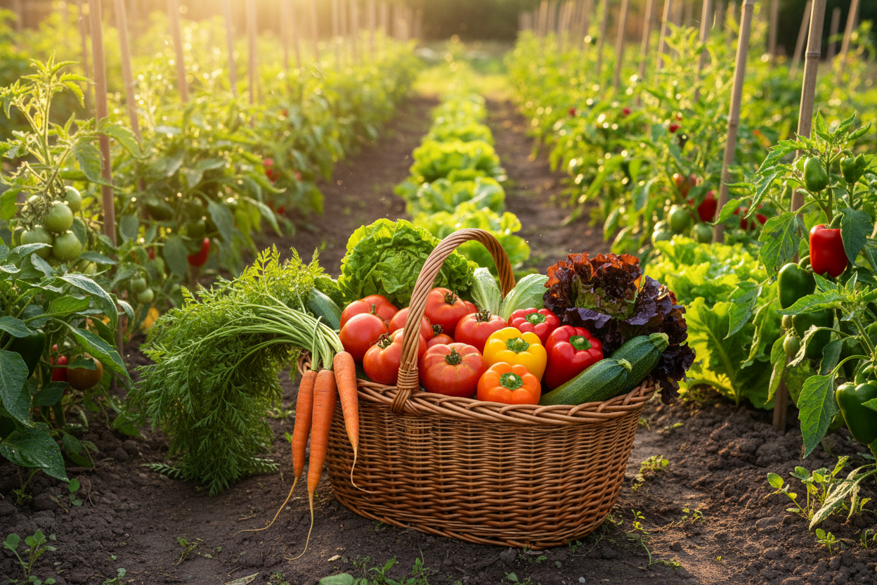 a garden and a harvest basket with veggies